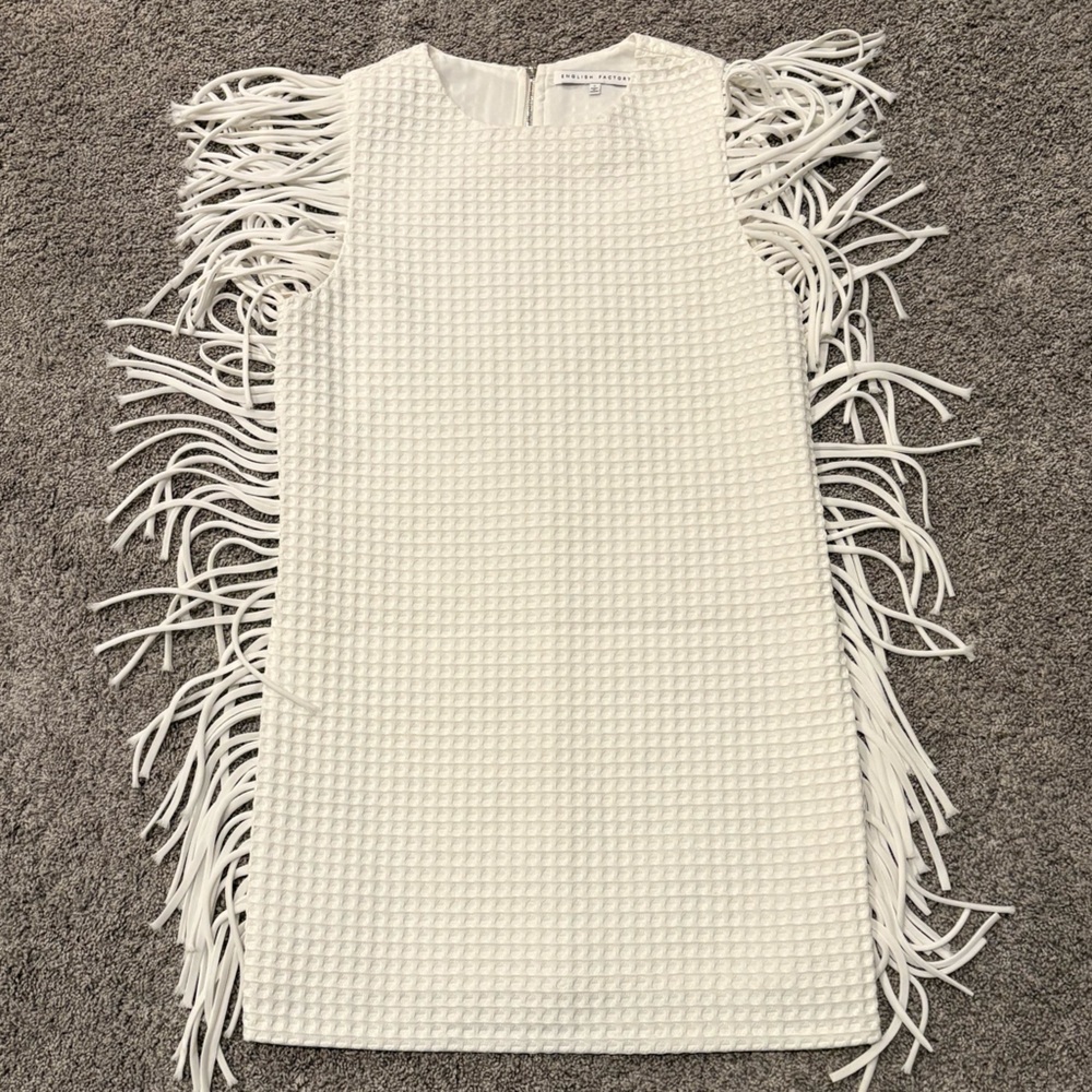 English Factory Textured White Fringe Dress Small